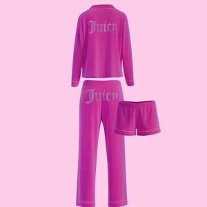 Juicy Couture 3 Piece Pajama Set XL Pink Velour Pajamas Pants Shorts Top New